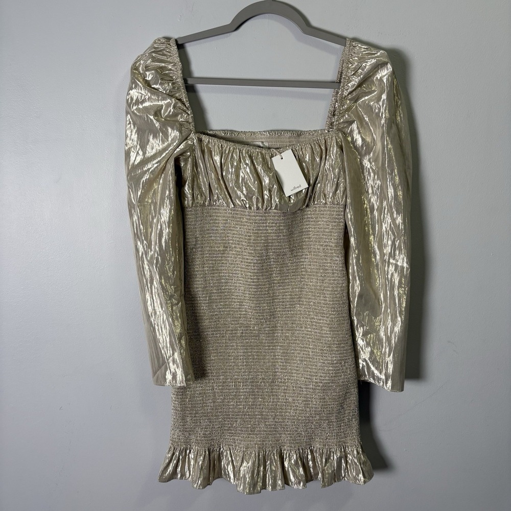 Wilfred Aritzia S Gold Metallic Puff Sleeve Square Mini Dress NWT Prom Party